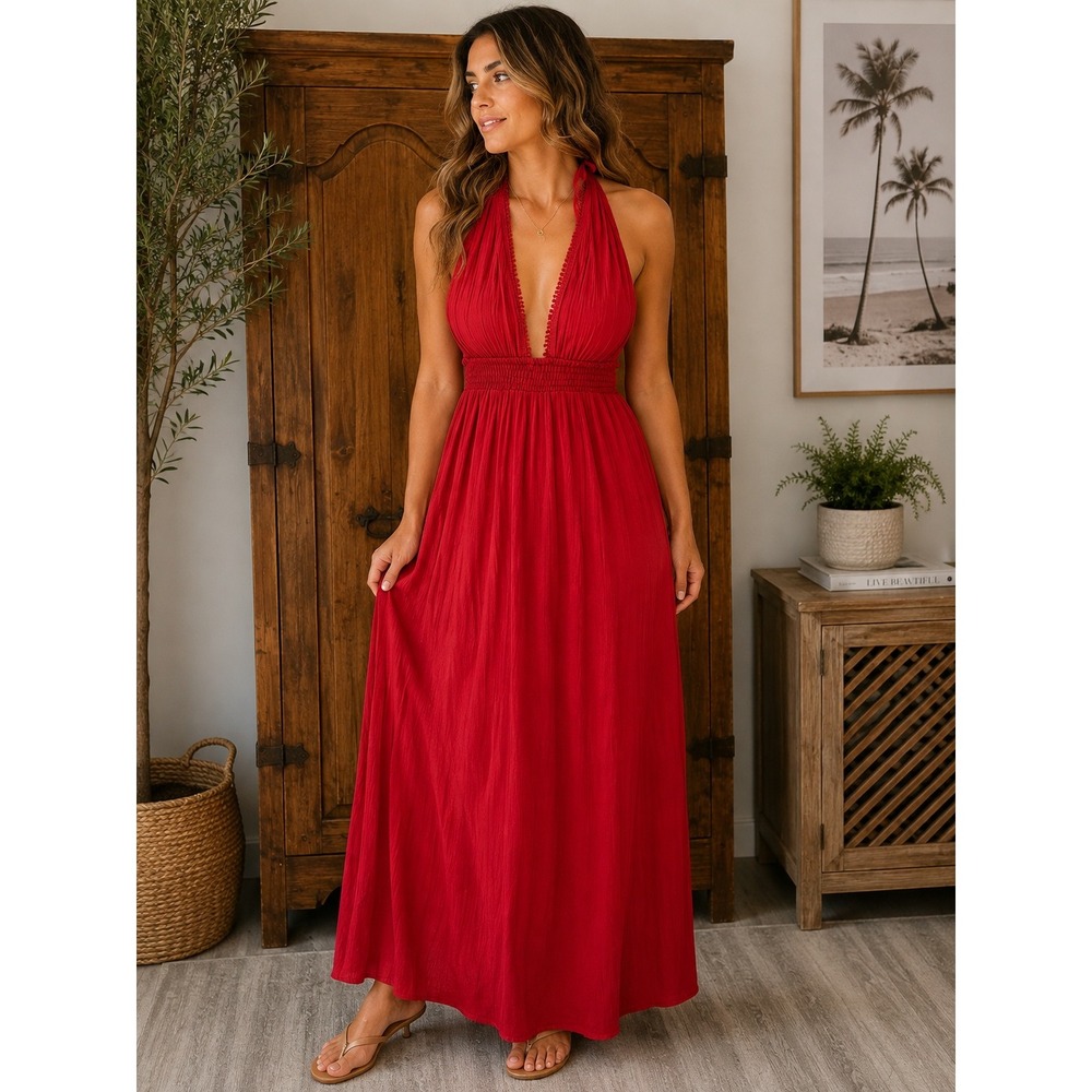 Tiare Hawaii Hollie Maxi Dress Red Halter Smocked Waist Boho One Size - Picture 1 of 7